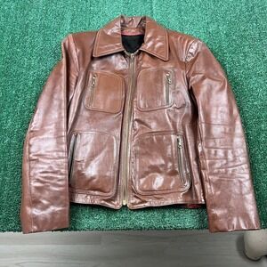 Vintage Four Pocket Collared Leather Jacket Mens 38 Small Brown Lined Conmar 50s